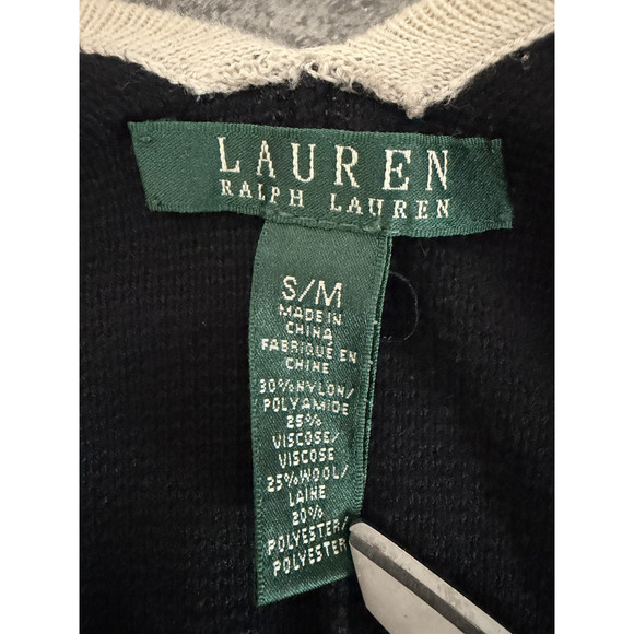 Lauren Ralph Lauren Black Wool Cardigan Cape Shawl Ruana Beige Striped Size S/M - Picture 4 of 7